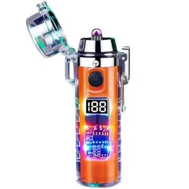 Imagem de Isqueiro Elétrico de Plasma Resistente à Água, Display Digital,Recarregável USB-C, Lanterna LED - C/Cordão para Pendurar- Ideal para Acampamento e Uso Diário Laranja