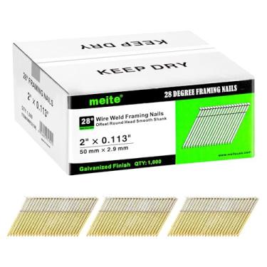 Imagem de meite Pregos de enquadramento de 28 graus, 5 cm, solda de arame, haste lisa de cabeça redonda deslocada para pistola de pregador de moldura de 28° (1.000 peças) Acabamento galvanizado