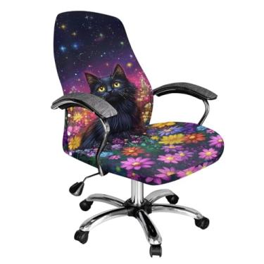 Imagem de Cadowhimsy Capa para cadeira de escritório, estampa floral de gato preto, à prova de poeira, capa protetora extensível para decoração de escritório, casa, pequena