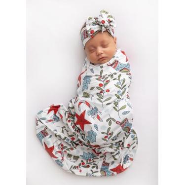 Imagem de Vollmic Conjunto de cobertor de malha elástica para bebês recém-nascidas com faixa de cabeça e gorro combinando (meias vermelhas de Natal)