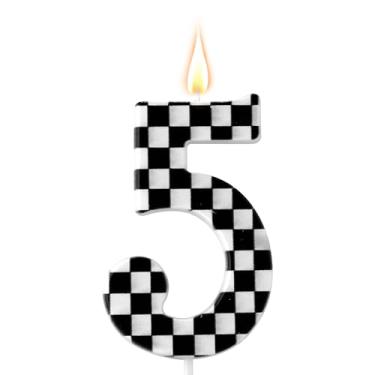 Imagem de Vela de aniversário temática de carros de corrida, com número de bandeira quadriculada, velas pretas e brancas, enfeite de bolo de feliz aniversário, decorações de festa para meninos, carros de