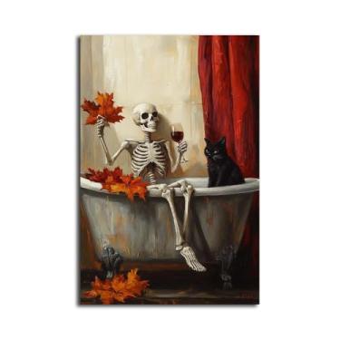 Imagem de MNFGMH Esqueleto de Halloween em quadro de banho antigo para parede assustador vintage arte de parede gótica decoração de outono impressão pintura a óleo de Halloween rústica gato preto banho