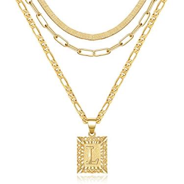 Imagem de KissYan Conjunto de colar em camadas de ouro para mulheres, banhado a ouro 14 K com pingente de letra inicial e clipe de papel, gargantilha de cobra e alfabetos de A-Z Fígaro, colar de corrente de