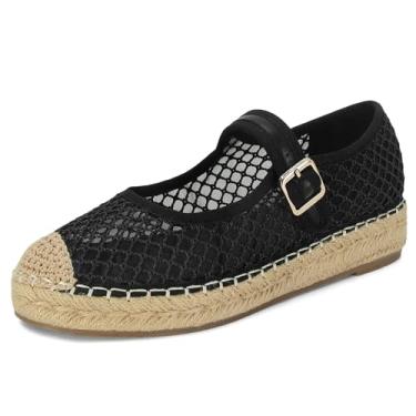 Imagem de Plataforma Mary Jane Sapatilhas femininas de malha confortável tecido ráfia alpargatas rasteiras verão elegante fivela fivela sapatilha bailarina, Malha preta, 36