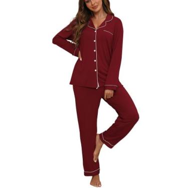 Imagem de Pijama ZMJ, camisa e calça femininas de manga comprida, vermelho vinho