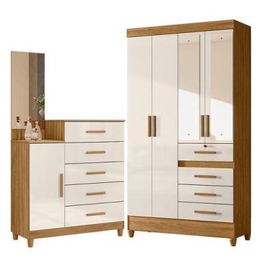 Imagem de Guarda Roupa Solteiro Sobral com Espelho e Cômoda Lisboa Freijó Off Wh
