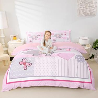 Imagem de Conjunto de capa de edredom infantil com balão e borboleta, feminino, rosa, cinza, branco, tamanho king, capa de edredom de elefante fofo para decoração de quarto de meninas, capa de edredom de