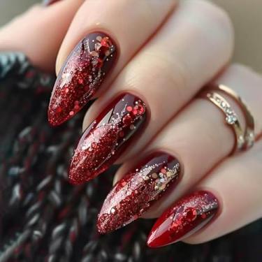 Imagem de RUOKEXIN Unhas postiças médias de amêndoa, unhas postiças vermelhas com glitter, com desenhos, cobertura completa, cola em unhas, artificiais brilhantes, unhas fofas para mulheres, 24 peças