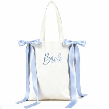 Imagem de Bolsa de noiva com laços de cetim azul – Bolsa de casamento de lona branca, presente de noiva azul, bolsa de despedida de solteira, acessório de chá de panela, lembrancinha de festa de noivado