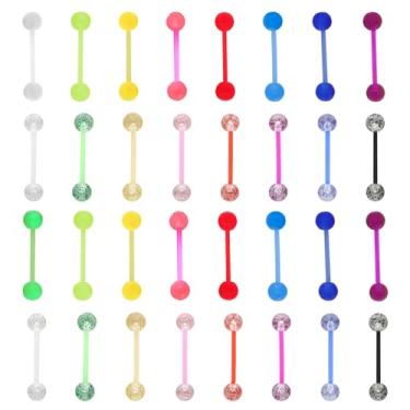Imagem de YUEWEESER Anéis de língua de plástico transparente 32 peças 14G acrílico que brilha no escuro flexível halteres retos piercing de mamilo para mulheres e homens piercings de língua mamilo 16 mm