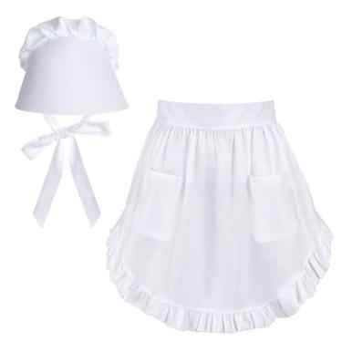 Imagem de 2Pieces Colonial Costume Women Halloween Maid Costume White Colonial Bonnet Cap Ruffle Maid Apron Halloween Party Cosplay (Retro)