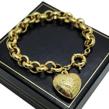 Imagem de Pulseira Elos Portugueses 11mm Coração Desenhado Banho De Ouro 18k 179