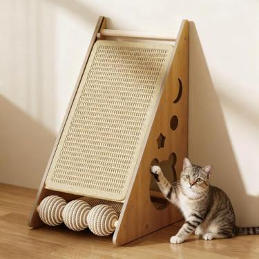 Imagem de Arranhador para gatos com ninho – Poste vertical para arranhar gatos, arranhador de prancha de gato com 3 bolas de sisal para gatos internos, suporte de parede confiável