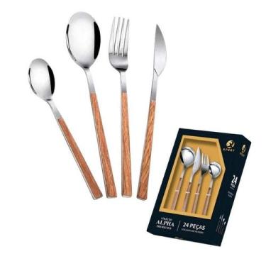 Imagem de Conjunto 24 Talheres Cabo Tipo Madeira Garfos Facas Colheres - XPERT