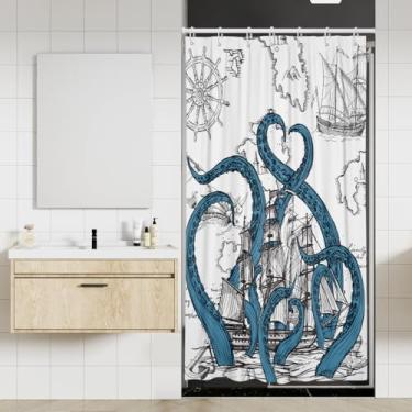 Imagem de Coxila Cortina de chuveiro polvo pequena única mini azul náutico vintage divertido Kraken monstro oceano anime pirata mar legal navio vela aventura 91 x 182 centímetros tecido poliéster pacote com 7