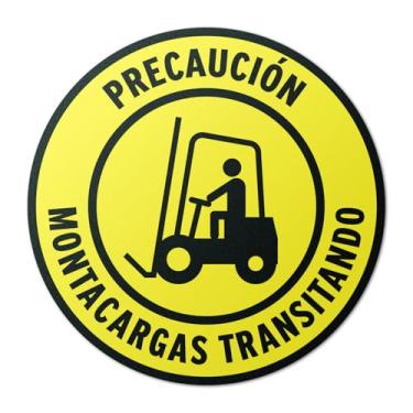 Imagem de 101SignCity 43.2 cm x 43.2 cm redonda amarela "Precaucion Montacargas Transitando" adesivo de chão mesa para trabalho, armazéns, canteiros de obras, centros de distribuição, atacado - 2 unidades