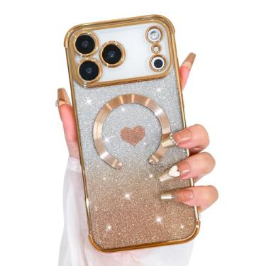 Imagem de Bonoma Glitter magnético para iPhone 17 Pro [compatível com MagSafe], capa luxuosa com estampa de coração de amor, proteção de câmera, capa traseira macia e brilhante para mulheres e meninas, dourada
