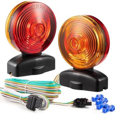 Imagem de Kit de luzes de reboque magnéticas de 12 V, frente e verso, vermelho e âmbar, força do ímã de 20 pés 25 kg, luz de direção de freio para trailer, caminhão, carro, bicicleta, reboque