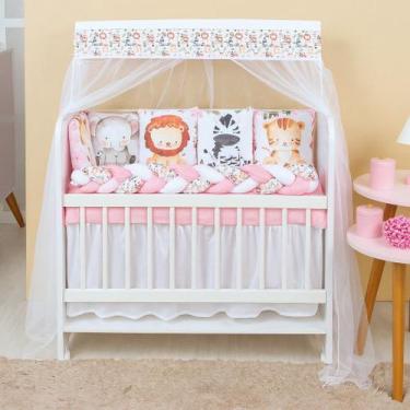 Imagem de Kit Mini Berço com 12 peças + Saia de Berço Bebê Menina Safari Rosa - 