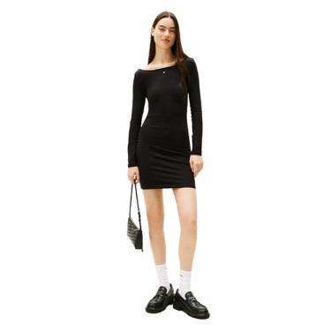 Imagem de Tommy Jeans Vestido feminino de manga comprida evasê com logotipo de bandeira de strass, Preto, GG