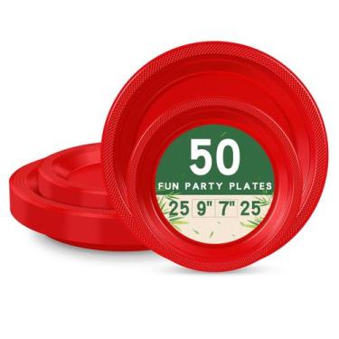 Imagem de Pratos de plástico LANLISA 50 Red para festa com pratos 25-9 e 25-7