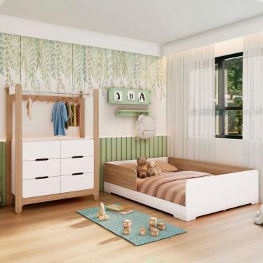 Imagem de Quarto Infantil Completo Guarda-Roupa Closet e Cama Casal Montessoriana 100% MDF Olivia e Mark Branco/ Louro Freijó Grann