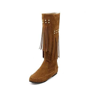Imagem de Bigfanshu Sapatos femininos bege marrom botas vermelhas sapatos de casamento borla botas de cano médio botas de cano alto com bota de tamanho grande moda leve bota até o joelho, Marrom, 35 BR