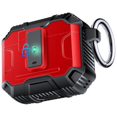 Imagem de Capa Amoured AutoPOP para AirPods 4ª geração com trava e chaveiro, proteção resistente de 360° e mecanismo de abertura de 1-clique, compatível com capa de bloqueio MagSafe AirPods 4 - vermelha