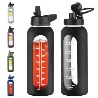 Imagem de EALGRO Garrafa de água de vidro de 1,134 g com canudo e alça, frasco de água motivacional esportivo com manga de silicone, copo de água grande com marcador de tempo para viagem, academia, preto