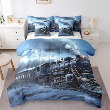 Imagem de Erosebridal Conjunto de cama casal com trem a vapor vintage, trem ferroviário, para crianças, adolescentes e adultos, conjunto de cama 7 peças com lençol de cima, lençol de cima, fronhas