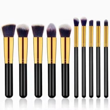Imagem de Kit de 10 Pincéis de Maquiagem Preto e Dourado e Cerdas Macias para Base, Pó, Blush e Sombras com Estojo Portátil