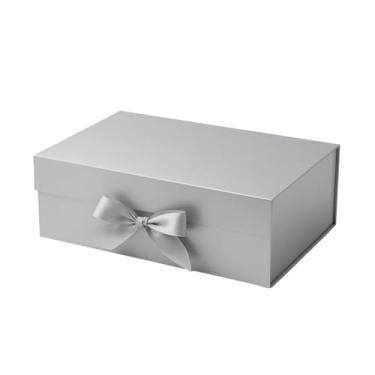 Imagem de Caixa De Presente Pequena Premium Rígida Com Trava Magnética, Imã e Laço de Cetim 20x18x8cm Embalagem Reforçada (Prata)