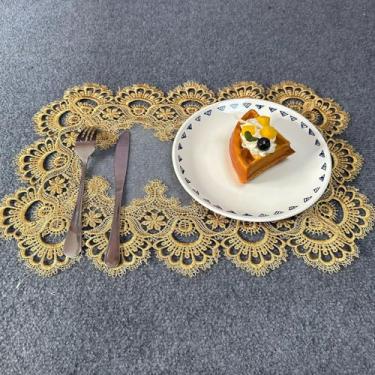 Imagem de Jogo americano de renda conjunto de 4 toalhas de mesa de renda de macramê bordadas florais retangulares tapetes de mesa naturais resistentes ao calor para festa de casamento, férias, vasos, tapete de