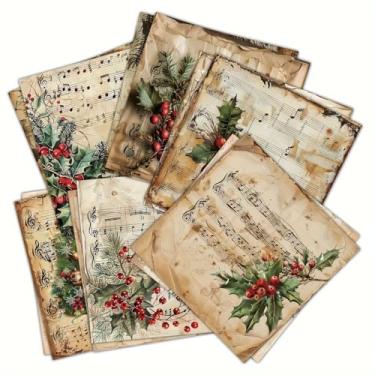 Imagem de 12 peças de papel vintage para scrapbook, 15 x 15 cm | com hinos de noite silenciosa e noite santa, Papai Noel para cartões DIY, origami e diários, kit de artesanato decorativo com flores