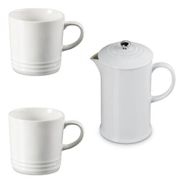 Imagem de KIT LE CREUSET PRENSA FRANCESA  E 2 CANECAS 350ML EM CERÂMICA BRANCO