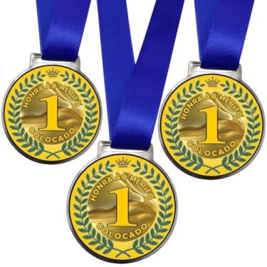 Imagem de Kit 5 Medalhas Para Premiação De Campeão Competições Esportes 50mm Honra ao Mérito Com Fita Azul (1º lugar Dourado)