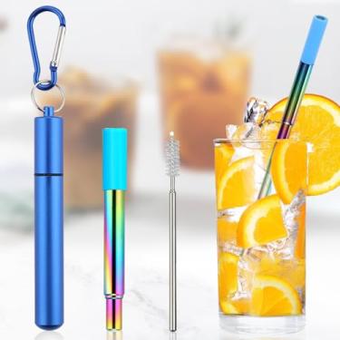Imagem de Canudos reutilizáveis canudos dobráveis de metal portátil reutilizável dobrável aço inoxidável para beber palha telescópica para viagem com estojo e escova de limpeza escalável (azul)