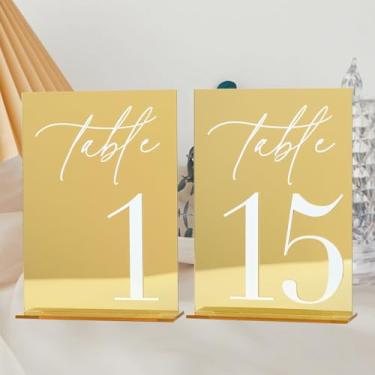 Imagem de Números de mesa de casamento de acrílico 1-15 com suportes, placas de acrílico espelhadas douradas de 12,7 x 17,8 cm com números brancos 3D, números de mesa 3D pretos e dourados para recepção de