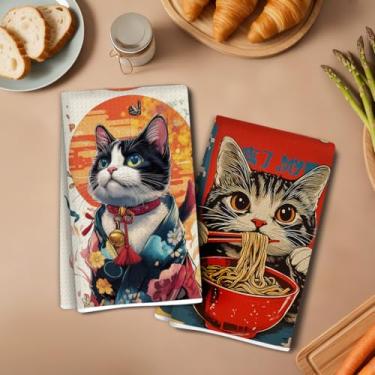 Imagem de 2 peças de toalhas de cozinha estilo japonês para gatos 35 x 61 cm, toalha de prato decorativa de microfibra absorvente, toalhas de mão de waffle para cozinha, casa, banheiro, presentes para amantes