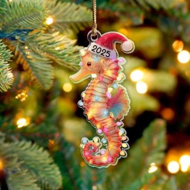 Imagem de Ornamento de Natal de cavalo-marinho 2025, animais marinhos e oceânicos 9,5 cm (plano 2D) Enfeite de acrílico de dupla face, presente para amantes de cavalos-marinhos, mergulhadores, enfeite de Natal