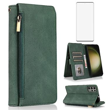 Imagem de Capa carteira compatível com Samsung Galaxy S23 Ultra 5G, protetor de tela de vidro temperado e zíper retrô de couro, suporte para cartão, acessórios para celular para S23Ultra 23S S 23 23Ultra verde