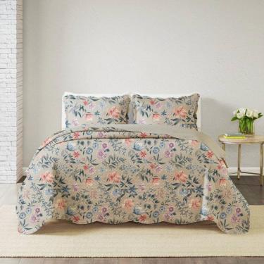 Imagem de Kit Cobre Leito Casal Paris Patchwork + 2 Porta Travesseiros Botanical