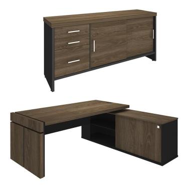 Imagem de Mesa Escritório Em L E Balcão 2 Portas 3 Gavetas Corp A06 Charuto-preto - Mpozenato