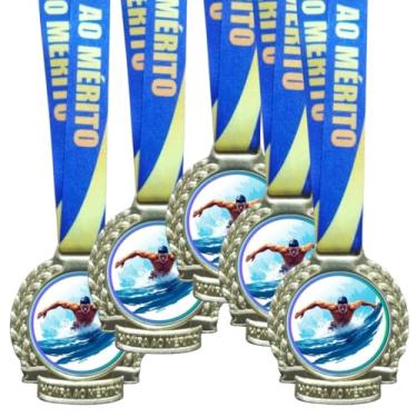 Imagem de Kit 5 Medalhas Para Natação Competição para Premiação Campeão Com Cordão Honra ao Mérito