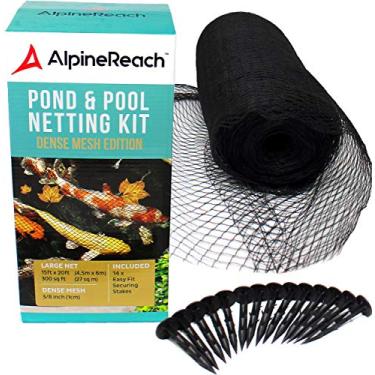 Imagem de AlpineReach Kit de rede Koi Pond 4,5 x 6 m, capa de rede de malha fina de tecido resistente para folhas – Protege peixes koi de pássaros, gatos e predadores – reutilizável e estacas incluídas