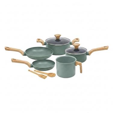 Imagem de Conjunto de Panelas de Indução Com Revestimento em Cerâmica, 7 Peças, Cabo de Madeira, com Tampas de Vidro e Utensílios de Bambu (Verde)
