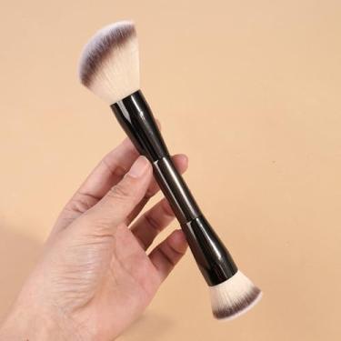 Imagem de 1 pincel de maquiagem de ponta dupla em uma caixa de papel, cerdas sintéticas, macias e fofas, para blush, sombra e contorno (preto)