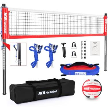 Imagem de Haokelball Conjunto de rede de voleibol resistente portátil para quintal com postes de altura ajustável, ajustador de tensão líquida, vôlei, bomba, linha limite e bolsa de transporte (vermelho)