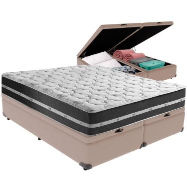 Imagem de Cama Box Baú Bege E Colchão Classic Preto Molas Ensacadas King Anjos