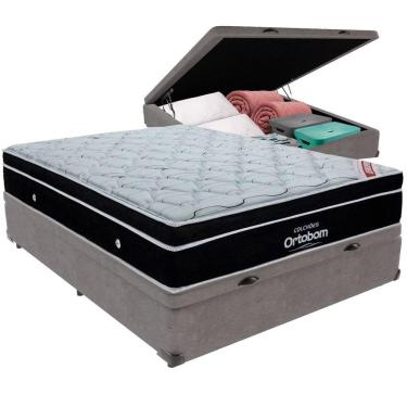 Imagem de Cama Box Baú Cinza E Colchão Elegant Molas Ensacadas Casal Ortobom